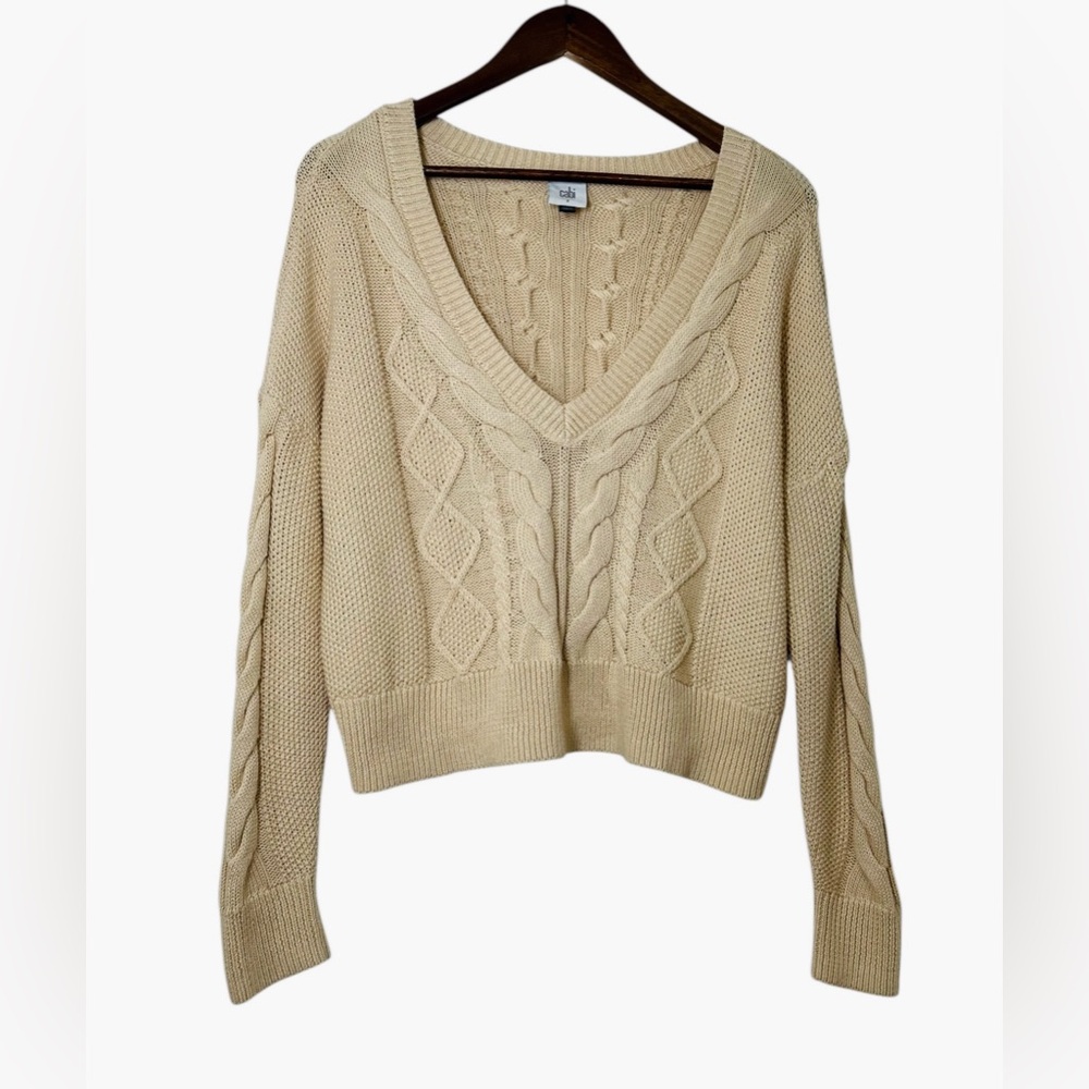 CAbi Cream V-Neck Cable Knit Cropped Sweater Size Small Pullover Oversized